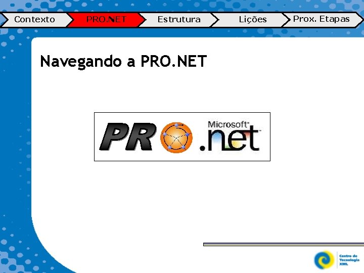 Contexto PRO. NET Estrutura Navegando a PRO. NET . Lições Prox. Etapas 