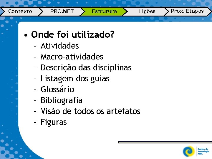 Contexto PRO. NET Estrutura Lições • Onde foi utilizado? – – – – Atividades