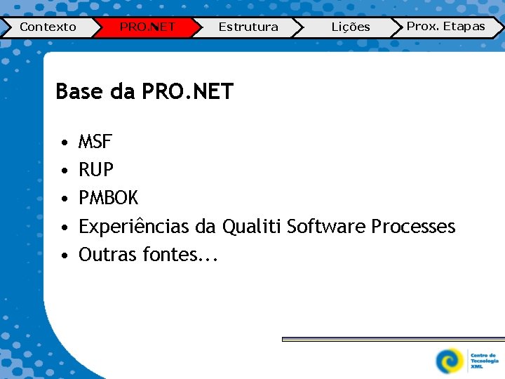 Contexto PRO. NET Estrutura Lições Prox. Etapas Base da PRO. NET • • •