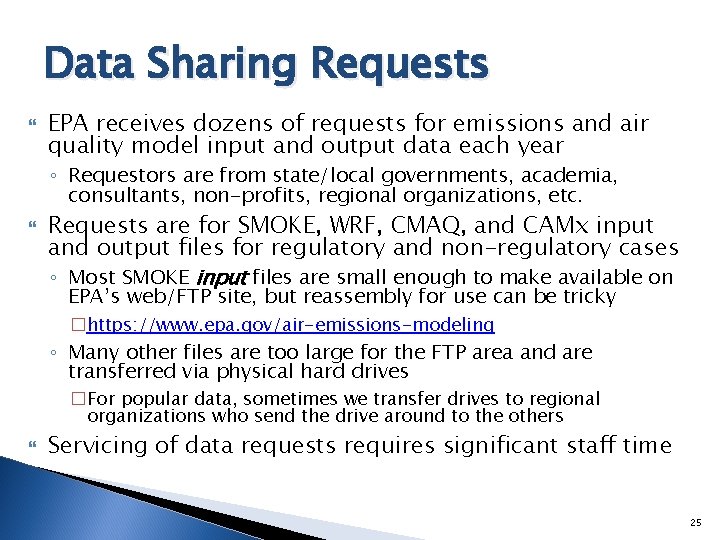 Data Sharing Requests EPA receives dozens of requests for emissions and air quality model