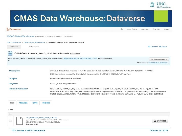 CMAS Data Warehouse: Dataverse 17 th Annual CMAS Conference October 24, 2018 