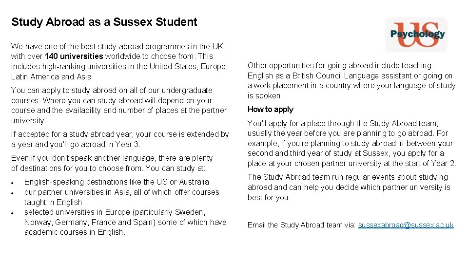 Study Abroad as a Sussex Student We have one of the best study abroad