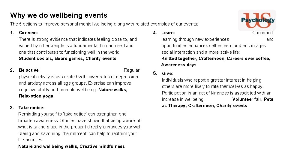 Why we do wellbeing events The 5 actions to improve personal mental wellbeing along