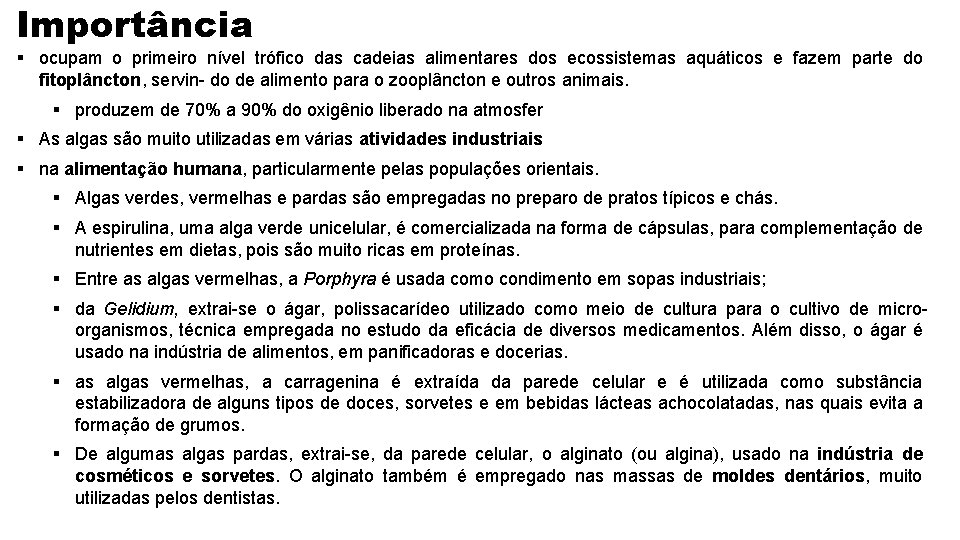 Importância § ocupam o primeiro nível trófico das cadeias alimentares dos ecossistemas aquáticos e