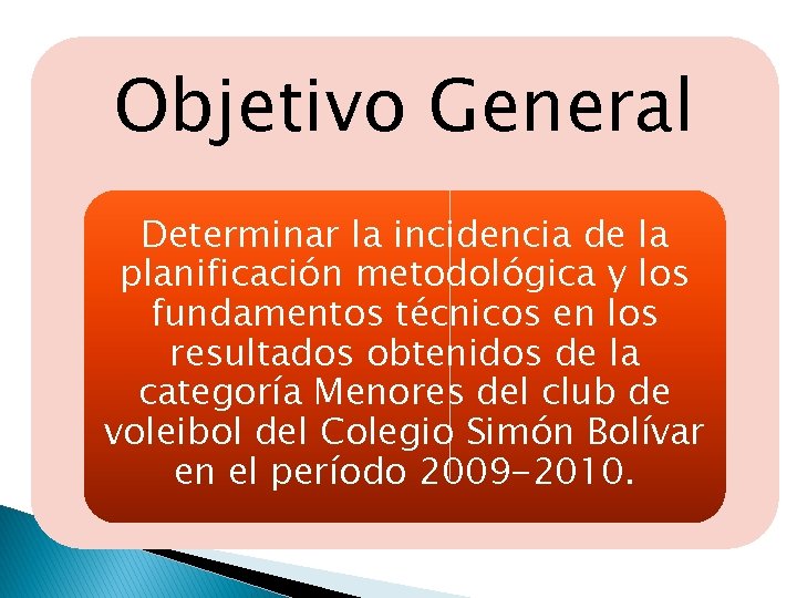 Objetivo General Determinar la incidencia de la planificación metodológica y los fundamentos técnicos en