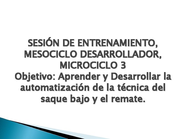 SESIÓN DE ENTRENAMIENTO, MESOCICLO DESARROLLADOR, MICROCICLO 3 Objetivo: Aprender y Desarrollar la automatización de