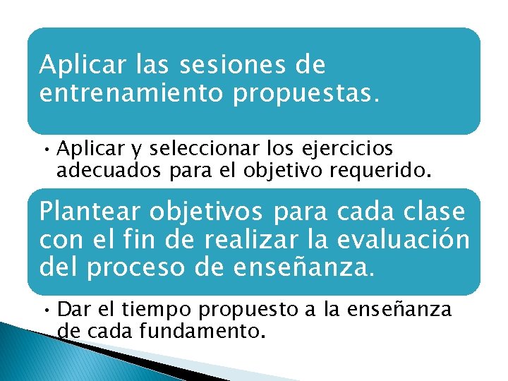 Aplicar las sesiones de entrenamiento propuestas. • Aplicar y seleccionar los ejercicios adecuados para