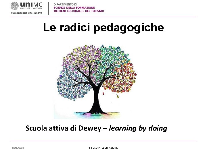 Le radici pedagogiche Scuola attiva di Dewey – learning by doing 05/03/2021 TITOLO PRESENTAZIONE