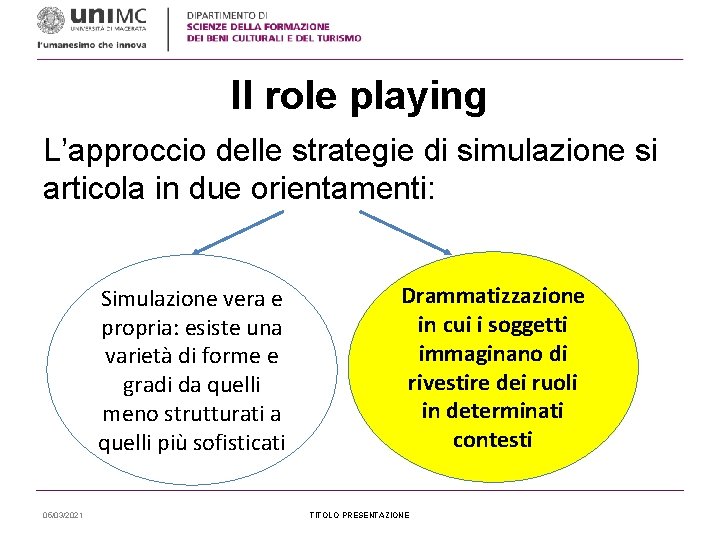 Il role playing L’approccio delle strategie di simulazione si articola in due orientamenti: Simulazione