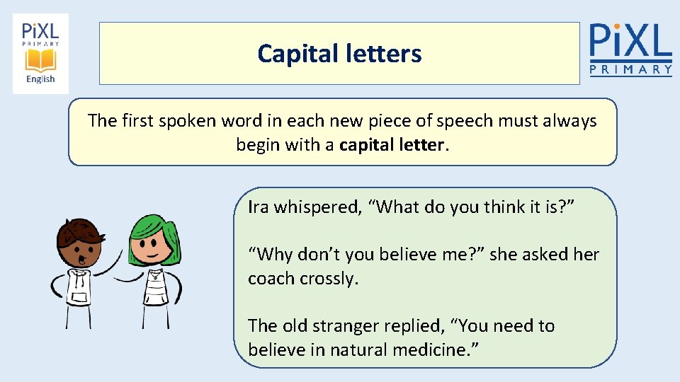 Capital letters The first spoken word in each new piece of speech must always