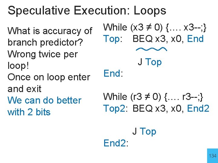 Speculative Execution: Loops What is accuracy of branch predictor? Wrong twice per loop! Once