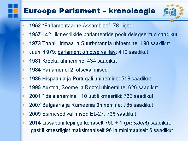 Euroopa Parlament – kronoloogia 1952 “Parlamentaarne Assamblee”, 78 liiget 1957 142 liikmesriikide parlamentide poolt