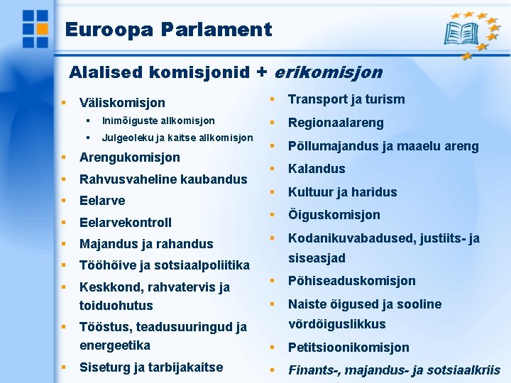 Euroopa Parlament Alalised komisjonid + erikomisjon Väliskomisjon Inimõiguste allkomisjon Julgeoleku ja kaitse allkomisjon Arengukomisjon