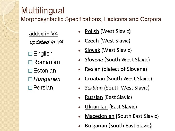 Multilingual Morphosyntactic Specifications, Lexicons and Corpora added in V 4 Polish (West Slavic) updated