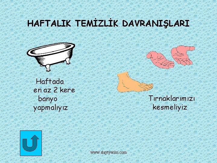 HAFTALIK TEMİZLİK DAVRANIŞLARI Haftada en az 2 kere banyo yapmalıyız Tırnaklarımızı kesmeliyiz www. slaytyerim.