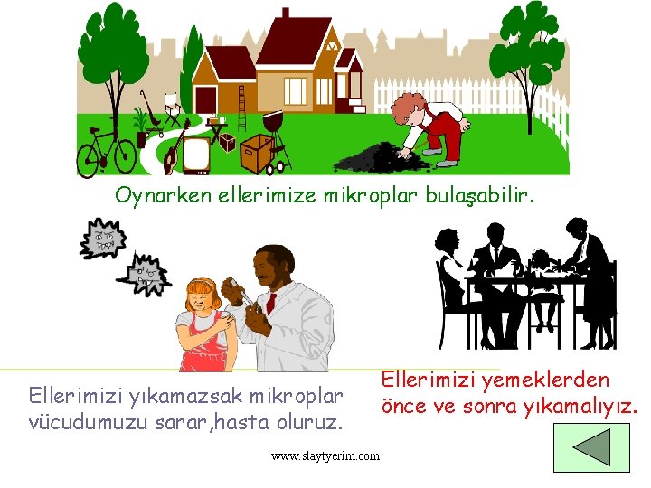 Oynarken ellerimize mikroplar bulaşabilir. Ellerimizi yıkamazsak mikroplar vücudumuzu sarar, hasta oluruz. www. slaytyerim. com