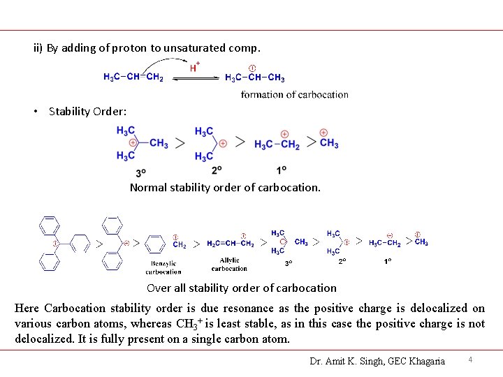 ii) By adding of proton to unsaturated comp. • Stability Order: Normal stability order