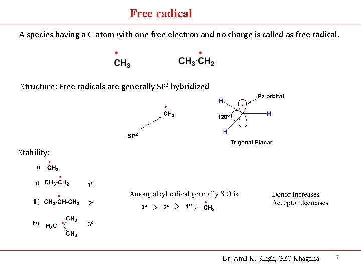 Free radical A species having a C-atom with one free electron and no charge