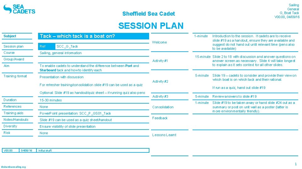 Sailing General G, Boat Tack V 00. 00, 04/09/16 Sheffield Sea Cadet SESSION PLAN