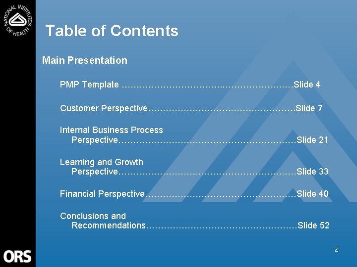 Table of Contents Main Presentation PMP Template ………………Slide 4 Customer Perspective…………………. Slide 7 Internal