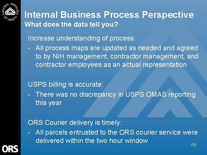 Internal Business Process Perspective What does the data tell you? Increase understanding of process: