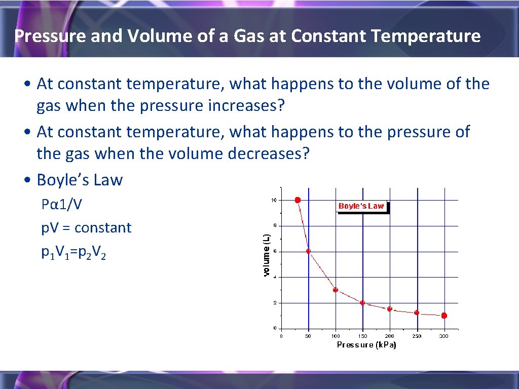 Pressure and Volume of a Gas at Constant Temperature • At constant temperature, what