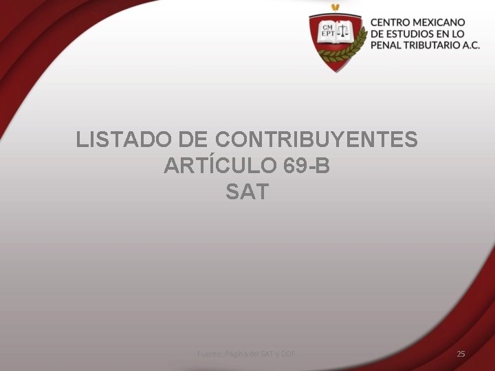 LISTADO DE CONTRIBUYENTES ARTÍCULO 69 -B SAT Fuente: Página del SAT y DOF. 25