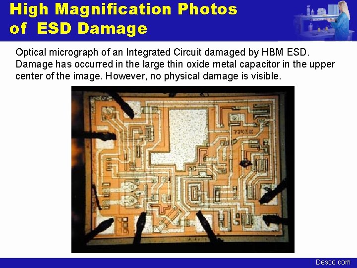 High Magnification Photos of ESD Damage Optical micrograph of an Integrated Circuit damaged by