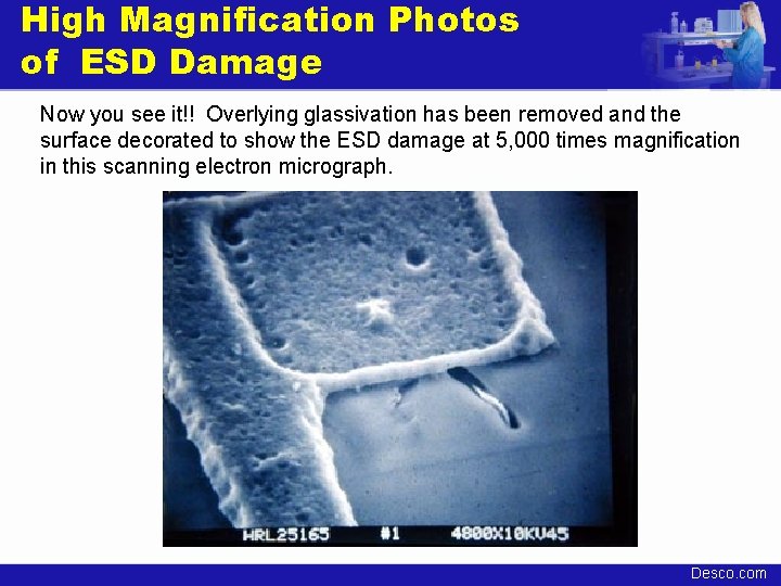High Magnification Photos of ESD Damage Now you see it!! Overlying glassivation has been