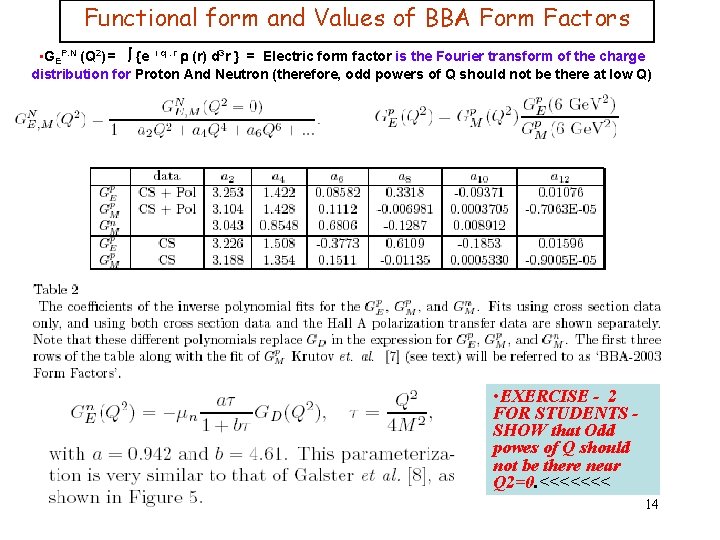 Functional form and Values of BBA Form Factors • GEP. N (Q 2) = Functional form and Values of BBA Form Factors • GEP. N (Q 2) =