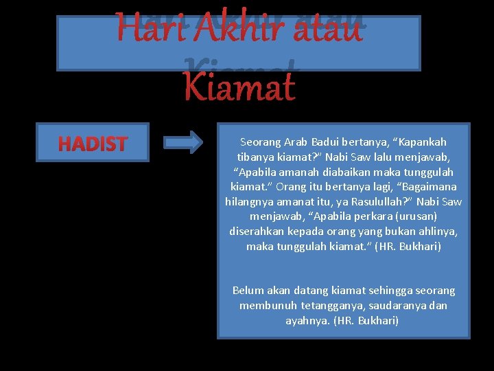 Hari Akhir atau Kiamat HADIST Seorang Arab Badui bertanya, “Kapankah tibanya kiamat? ” Nabi