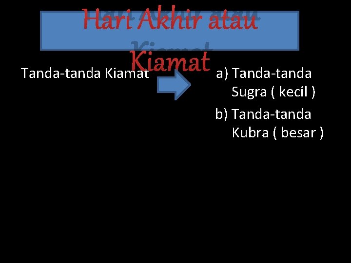 Hari Akhir atau Kiamat Tanda-tanda Kiamat a) Tanda-tanda Sugra ( kecil ) b) Tanda-tanda