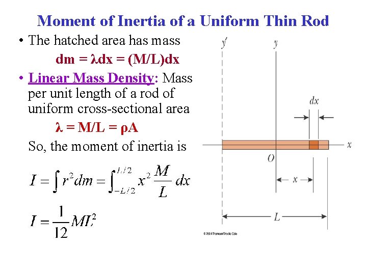 Moment of Inertia of a Uniform Thin Rod • The hatched area has mass