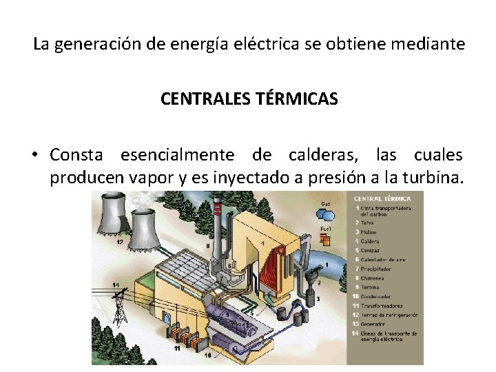 La generación de energía eléctrica se obtiene mediante CENTRALES TÉRMICAS • Consta esencialmente de