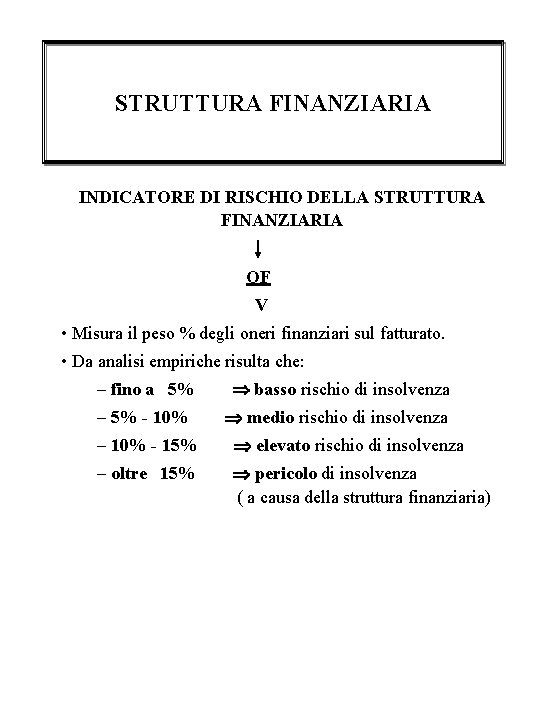 STRUTTURA FINANZIARIA INDICATORE DI RISCHIO DELLA STRUTTURA FINANZIARIA OF V • Misura il peso STRUTTURA FINANZIARIA INDICATORE DI RISCHIO DELLA STRUTTURA FINANZIARIA OF V • Misura il peso