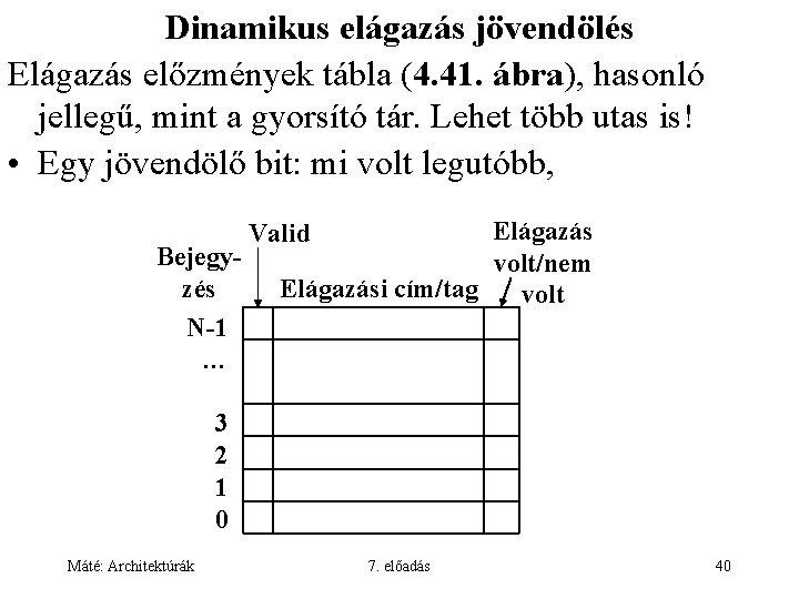 Dinamikus elágazás jövendölés Elágazás előzmények tábla (4. 41. ábra), hasonló jellegű, mint a gyorsító