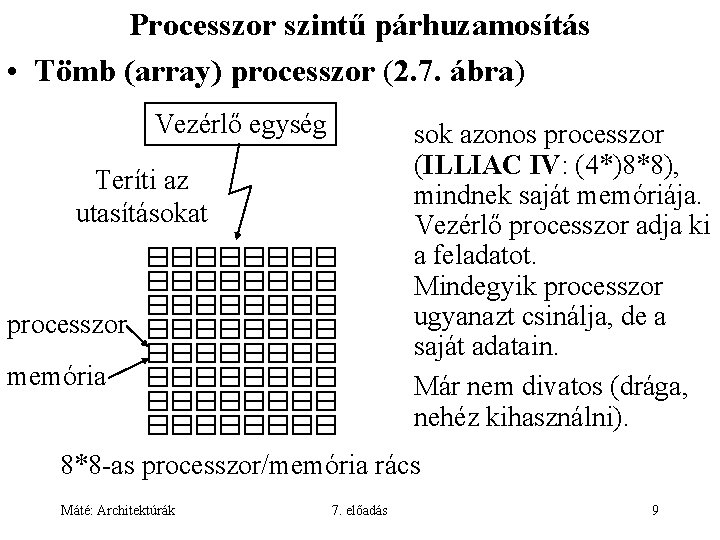 Processzor szintű párhuzamosítás • Tömb (array) processzor (2. 7. ábra) Vezérlő egység sok azonos