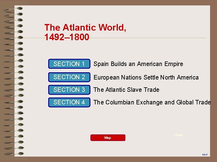 The Atlantic World, 1492– 1800 SECTION 1 Spain Builds an American Empire SECTION 2