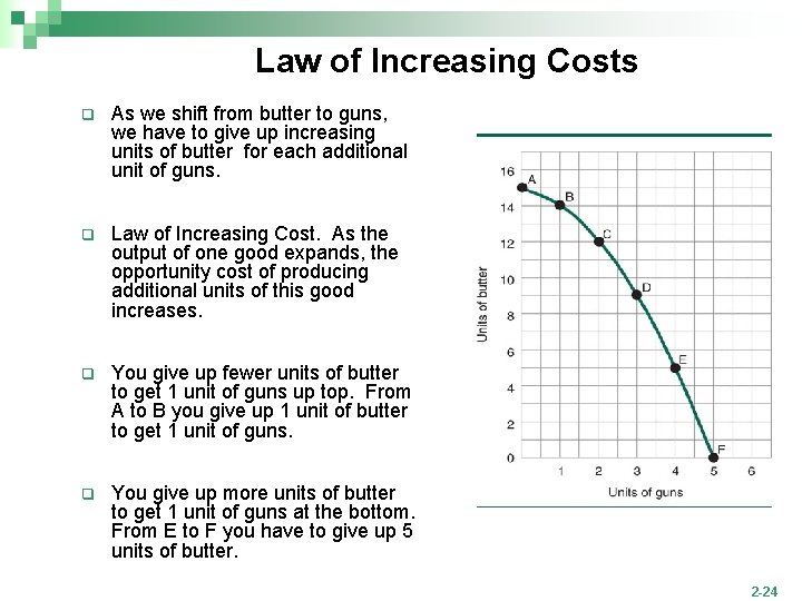 Law of Increasing Costs q As we shift from butter to guns, we have