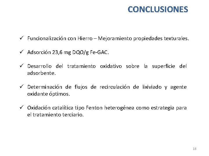 CONCLUSIONES ü Funcionalización con Hierro – Mejoramiento propiedades texturales. ü Adsorción 23, 6 mg