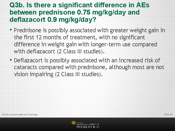 Q 3 b. Is there a significant difference in AEs between prednisone 0. 75