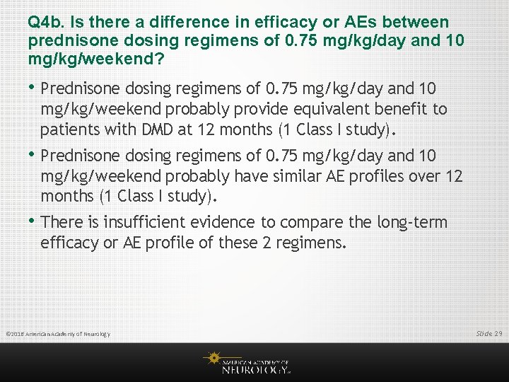 Q 4 b. Is there a difference in efficacy or AEs between prednisone dosing