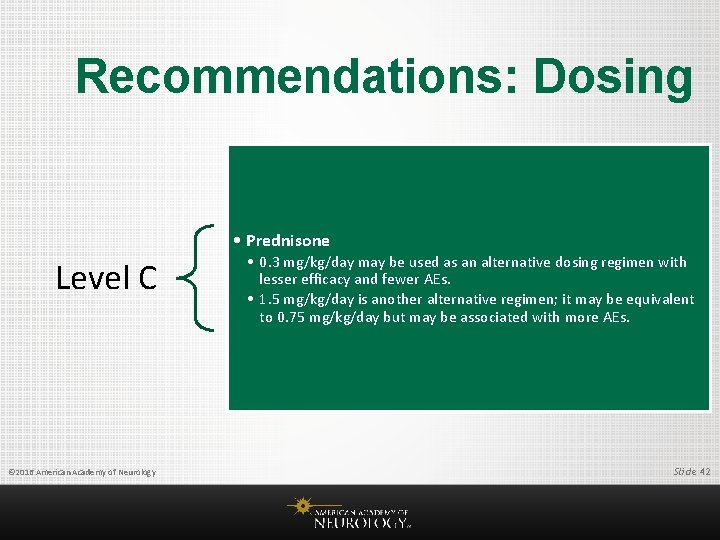 Recommendations: Dosing • Prednisone Level C © 2016 American Academy of Neurology • 0.