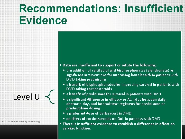 Recommendations: Insufficient Evidence Level U © 2016 American Academy of Neurology • Data are