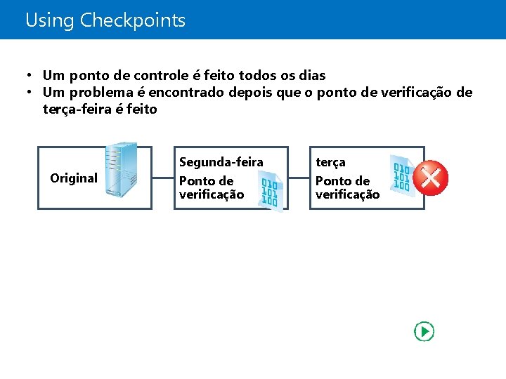 Using Checkpoints • Um ponto de controle é feito todos os dias • Um