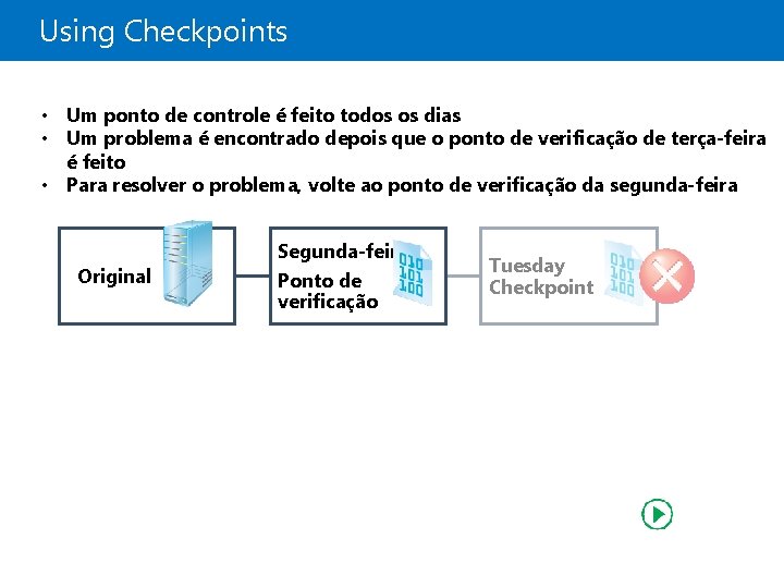 Using Checkpoints • Um ponto de controle é feito todos os dias • Um