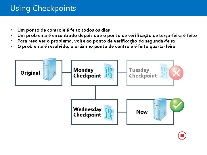 Using Checkpoints • • Um ponto de controle é feito todos os dias Um