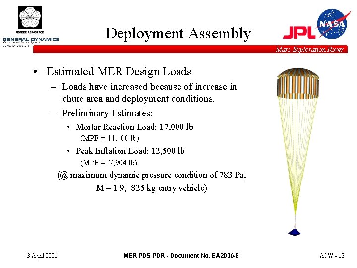 Deployment Assembly Mars Exploration Rover • Estimated MER Design Loads – Loads have increased