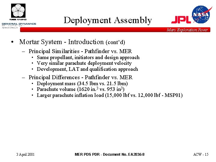Deployment Assembly Mars Exploration Rover • Mortar System - Introduction (cont’d) – Principal Similarities