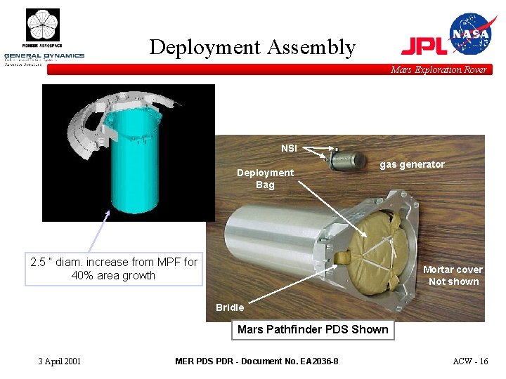 Deployment Assembly Mars Exploration Rover NSI Deployment Bag gas generator 2. 5 “ diam.